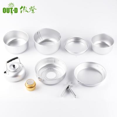 China Sustainable All Weather Anodized Aluminum Camping Cookware Set With Brass Alcohol Burner for sale