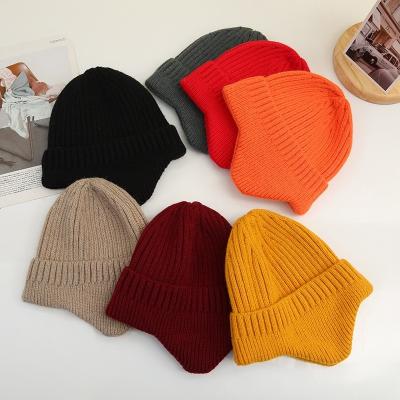 China Casual Hot Sale Plush Beanie Hat With Ears For Men Winter Knitted Daily Warm Headwear Custom Logo Ear Flap for sale