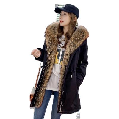 China Winter Women's Mid Length Parker Ladies Fur Coat Warm Jacket Fur Collar Woolen Casual Parka for sale