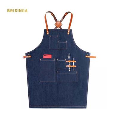 China Drink/Food Customized Cotton Cafe Bar Apron Restaurant Kitchen Denim Apron With Logo for sale