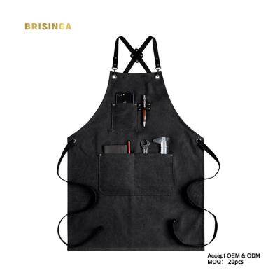 China Custom Logo Drinks/Food Canvas Black Waterproof Leather Work Aprons With Pockets Adjustable Belts for sale