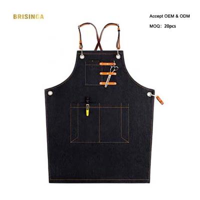 China Hot Beverage/Food Vending Restaurant Work Uniforms Shop Coveralls Denim Apron With Tool Pockets For Bartender Hairdresser for sale