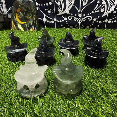 China China Wholesale Halloween Decoration Natural Crystal Carvings Hollow Fluorite Pumpkin Lamp for Gift for sale