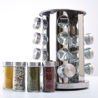 China 16 Viable Jars Rotating Spice Rack Stainless Steel Condiment Salt Pepper Carousel Spice Seasoning Jars for sale