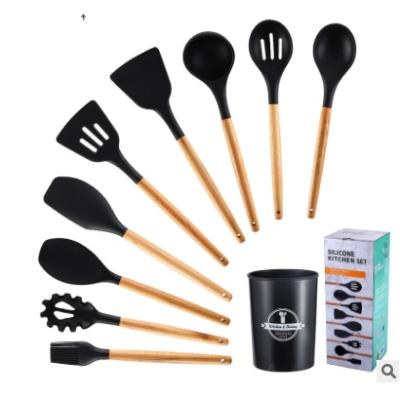 China Viable Silicone Kitchen Tools With Wooden Handle Soup Spoon Pocket Spaghetti Slotted Turner Basting Brush Cooking Utensils for sale