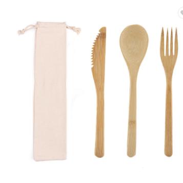 China Reusable Cutlery Set 3PCS Bamboo Wooden Fork Cutter Sustainable Cutting With Bag Knife Fork Spoon Bamboo Set for sale