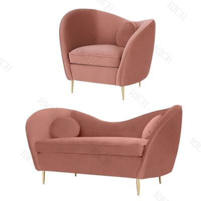 China Velvet Fabric Sofa Loveseat Living Room Furniture Modular European Single Gold Stainless Steel Legs Pink Sofa for sale