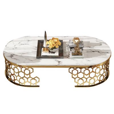 China Wholesale Fixed Table Living Room Coffee Center Oval Metal Frame Metal Design White Marble Top Coffee Table for sale