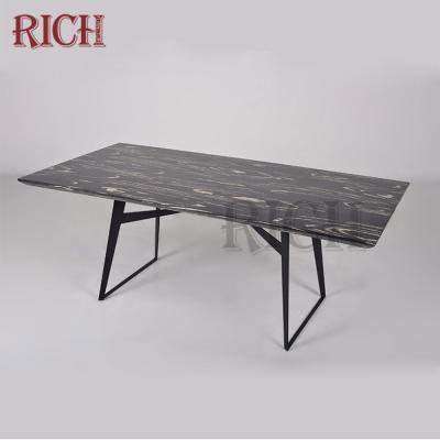 China Luxury Rectangular Metal Base Cement Top Modern Wooden Dining Table Designer Restaurant Black And White Wood Top Dining Table for sale