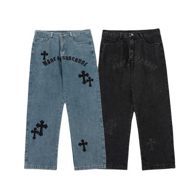 China Crucifix Breathable Custom Pants Loose Fit Pants Embroidered Patch Stylish High Quality Vintage Faded Effect Loose Wide Leg Jeans for sale