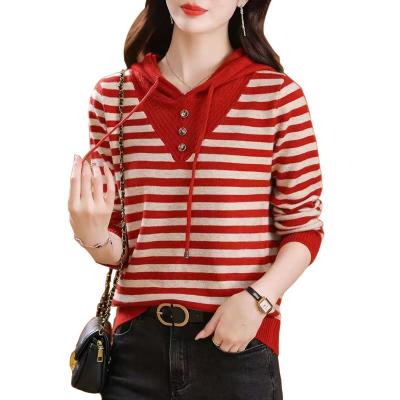 China Anti-wrinkle Oulan Weizhi Autumn Hooded Sweater Women's Short Stripe Knitted Sweater with Hat, Westernized Sweater Underlay, Outwear for sale