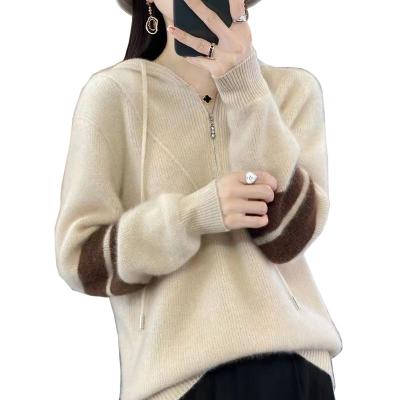 China Anti-wrinkle 23 Autumn/Winter New Hooded Woolen Sweater Women's Casual Loose Pullover Zipper Stripe Pure Wool Knitted Hoodie for sale