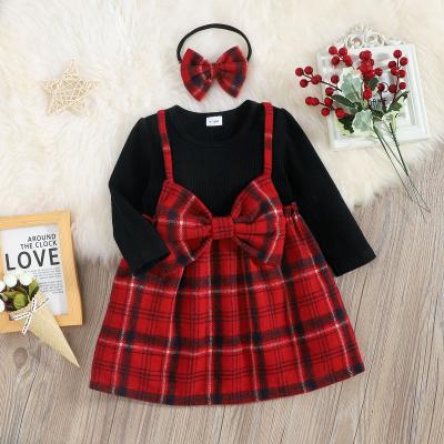 China 2022 autumn new anti-static plaid bowknot bowknot + bandana shein dress loose girl's two-piece dress for sale