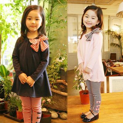 China New Spring Korean Girl's Big Bow Children's Clothing Anti-Static Stripe Gaiters Costume Children's Clothing for sale