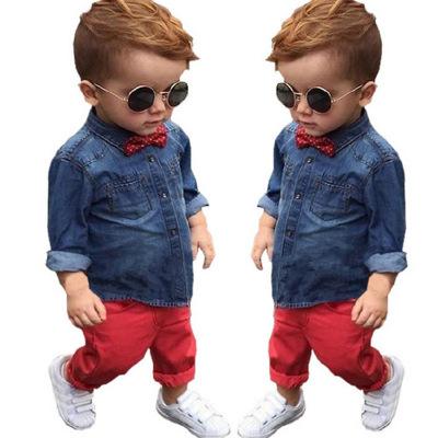 China 2020 New Boys Anti-static Long Sleeve Children's Denim Soft Shirt Dress + Pants Two-Piece Suit for sale