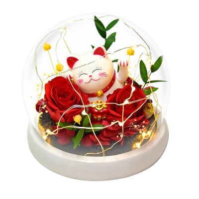 China Fashional preserved flowers rose and lucky cat are kept forever inside transparent glass in the box dome for sale