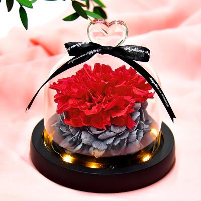 China Festival Flower Glass Dome With LED Light Eternal Cover Rose Heart Shaped Forever Glass Rose For Decoration 15.5*15.5*16.5cm for sale