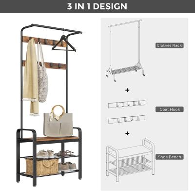 China Expandable Easy Assembly 3 In 1 Design Steel Frame Coat Rack Hall Tree With Shoe Bench for sale