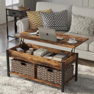 China Adjustable Lift Top (Other) Coffee Table with Storage and Hidden View Raisable Rustic Wooden Table Top and Rattan Baskets Compartment Shelf Metal for sale