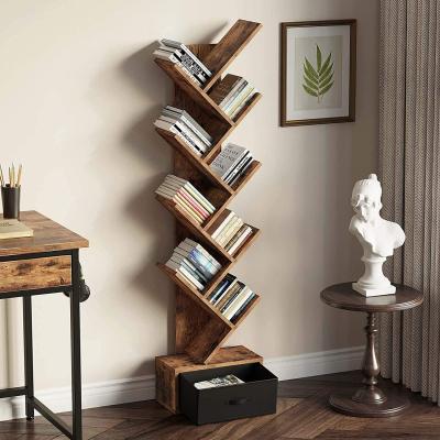 China Retro Brown Convertible Rustic Bookshelf Shelf 8 Wooden Tree Storage Rack With Drawer For CDs/Movies/Books for sale