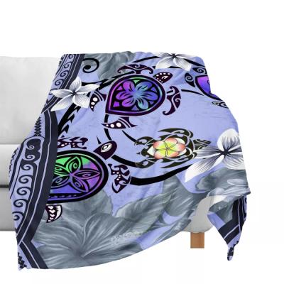 China PORTABLE Purple Plumeria Flower Hibiscus Hawaii Floral Polynesian Tribal Printed Custom Flannel Blanket For Winter Soft Blanket for sale