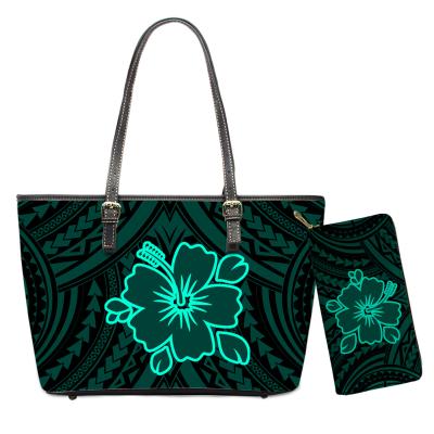 China 2022 High Quality Women Purses With Handbags Bags Hawaiian Green Flower Women Handbags Polynesian Printing Ladies Purse 2 Pcs Set for sale