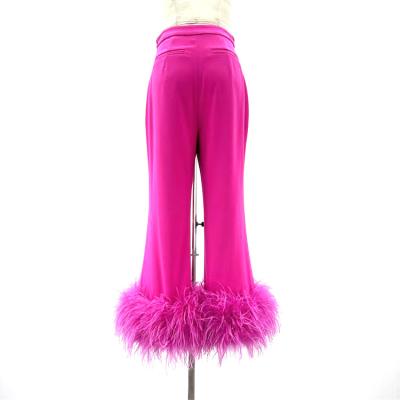 China None Best Type Rose Pink Women Clothes Sexy Striped Woolen Women's Long Pants High Waist Trousers Casual Pants With Feather for sale