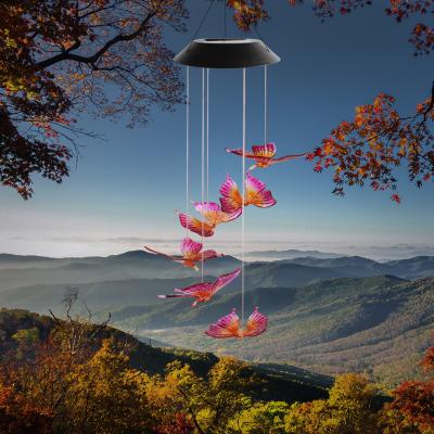 China Change Light Colorful Butterfly Solar Wind Rings Hanging Lights Wind Chimes For Garden Decoration for sale