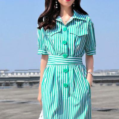 China Anti-Static Women Casual Striped Casual Dress With Belt for sale