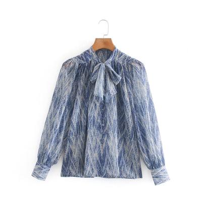 China New 2020 autumn European and American anti-static wholesale snake print shirt bow single breasted chiffon top for sale