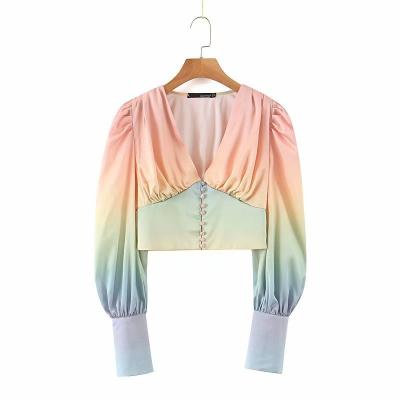 China Wholesale European And American Anti-static Color Gradient Shirt Breasted Pleated Cropped Top for sale