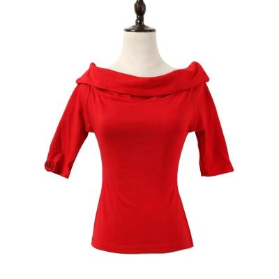 China Viable Accept Custom Special Design Comfortable Knit Solid Color Women Fitness Shorts Red Sleeve Off The Shoulder T-shirts for sale