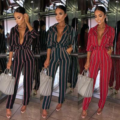 China Fashion Stripe Lapel Long Sleeve Casual Lapel Long Sleeve Deep Loose Wide Leg Onesie Romper Jumpsuit Suit Women for sale