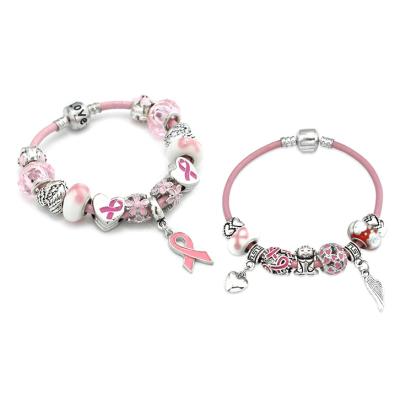 China CLASSIC Alloy Pink Ribbon Heart DIY Letter Bracelet Beads Leather String Beaded Bracelet for sale