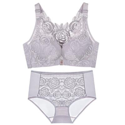 China QUICK DRY plus size buckle front lingerie set big slimmer breasts lift up underwear women adjusting embroidery rose back bra set for sale