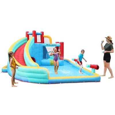 China PVC Inflatable Doctor Dolphin Kids Water Jet Slide Castle Bouncer Bounce Big Bounce House With Pool And Water Two Gun for sale