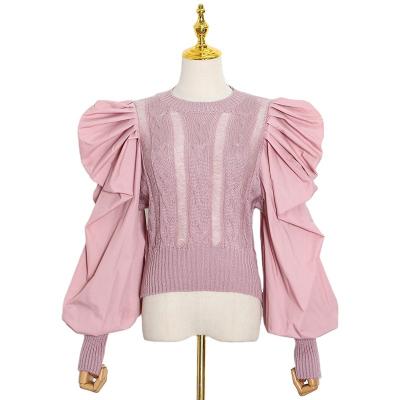 China New Causal Patchwork Anti-wrinkle Knitting Ruched Women's Long Sweaters O Neck Lantern Sleeve Sweater For Fashion Female Clothes for sale