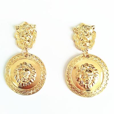 China New Fashion Cute Hot Sale Simple Embossed Lion Head Metal Earrings Europe and America Simple Embossed Gold Plated Earrings for sale