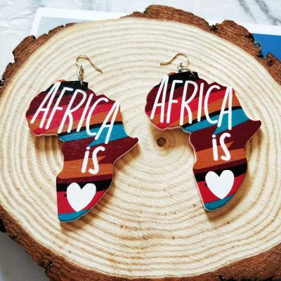 China European and American Hiphop African Geometric Head Map Exaggerated Wooden Earrings Shape Wooden Earrings for sale