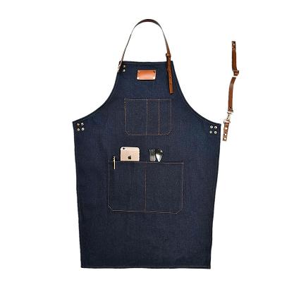 China Drink/Food Customized Logo Denim Canvas Apron With Pocket Tool Apron Cooking Apron With Logo Printing Customized for sale