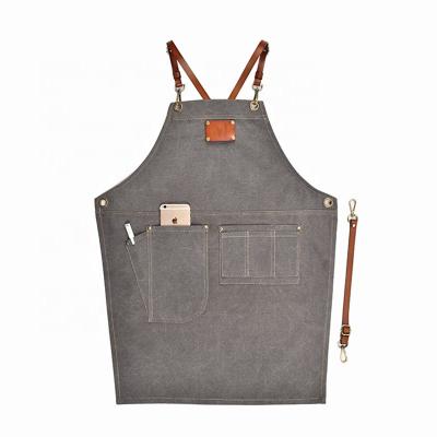 China Drink / Food Fashion Bartender Cooking Apron Kitchen Server Coveralls Customize Logo Canvas Leather Straps Gray Apron for sale