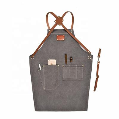 China Fashion barber cleaning apron for custom castmar leather shoulder strap gray logo kitchen apron for men for sale