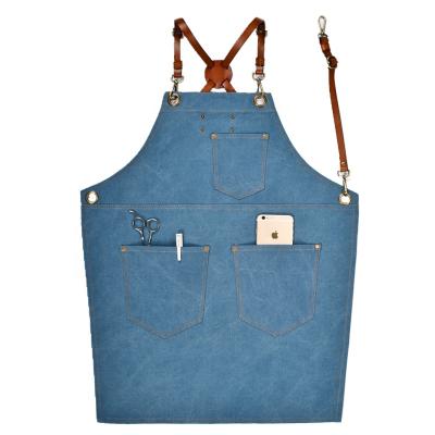 China Custom Japanese Blue Leather Apron Office Bartender Logo Apron Canvas Strap Unisex Professional Cleaning Coveralls for sale