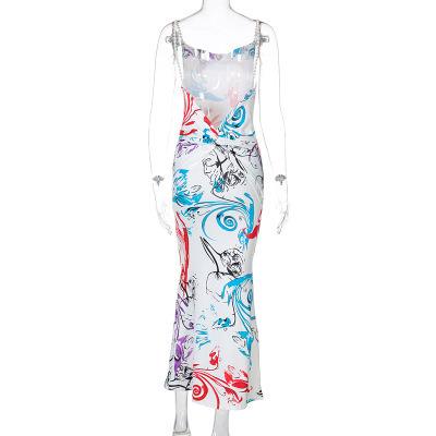 China Breathable Summer Style Mid-Waist Fashion Print Pearl Sling Backless Bohemian Dress for sale