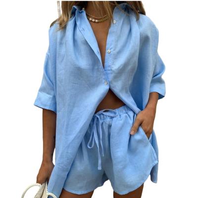 China 2021 Solid Color Women's Short Sleeve Casual Shirt Fashion Loose Straight Breathable Suit Shorts for sale