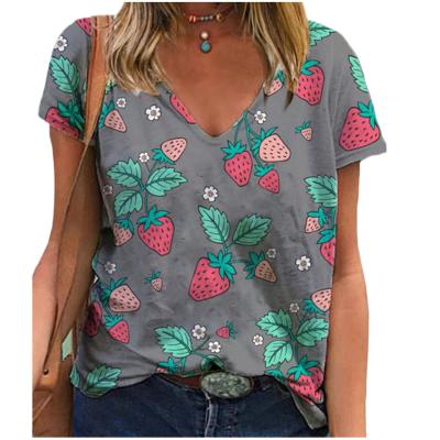 China Strawberry Print V-neck Breathable Casual T-shirt Women Short Sleeve for sale