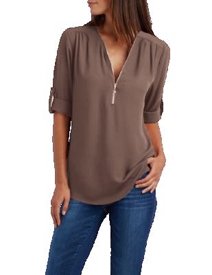 China Anti-pilling Chiffon Long Sleeve Anti-pilling V-Neck Zipper Loose Sleeves Shirt 17 Colors for sale