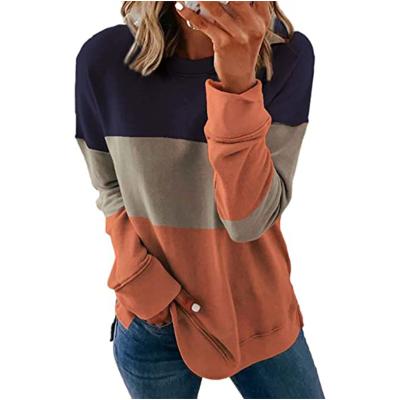 China 2021 New Women's Autumn Contrast Color Round Neck Sweater Spring Long Sleeve Casual Loose Quilted Women's Sweater for sale