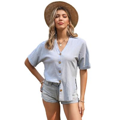 China 2021 summer new European fashion breathable solid color station short-sleeved v-neck split loose shirt women for sale