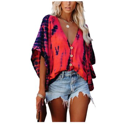 China V-neck anti-pilling anti-pilling straight bat sleeve tie-dye printed shirt European and American autumn new style for sale